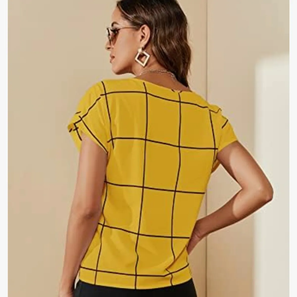 Women's Grid Print Dolman Sleeve Notched Neck Blouse Shirt Top Yellow - Size M