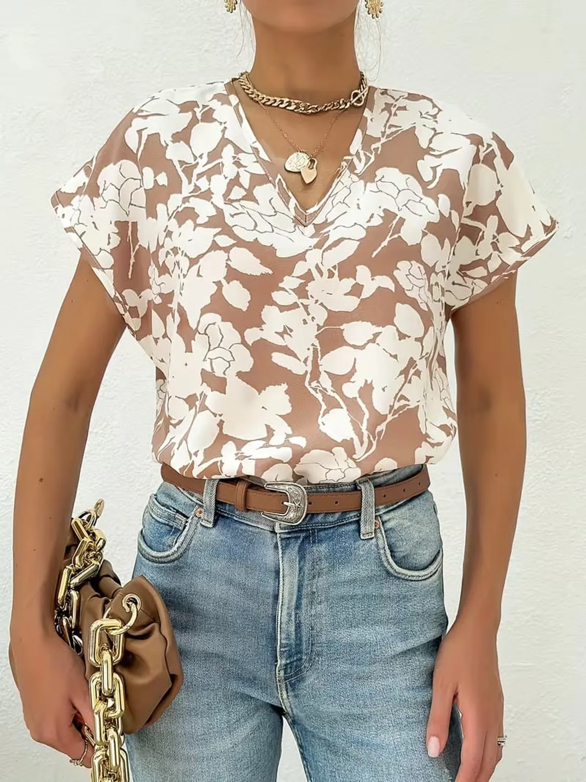 Women's Floral Print V-Neck Blouse - Size M