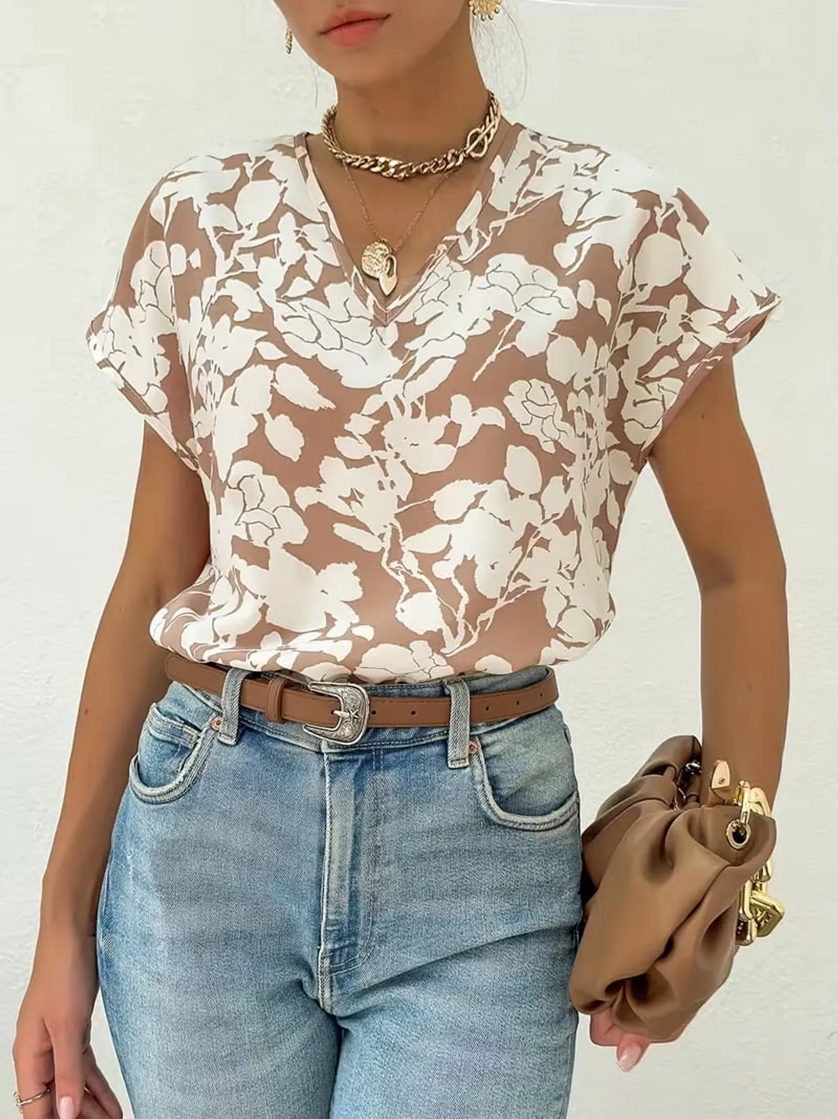 Women's Floral Print V-Neck Blouse - Size M