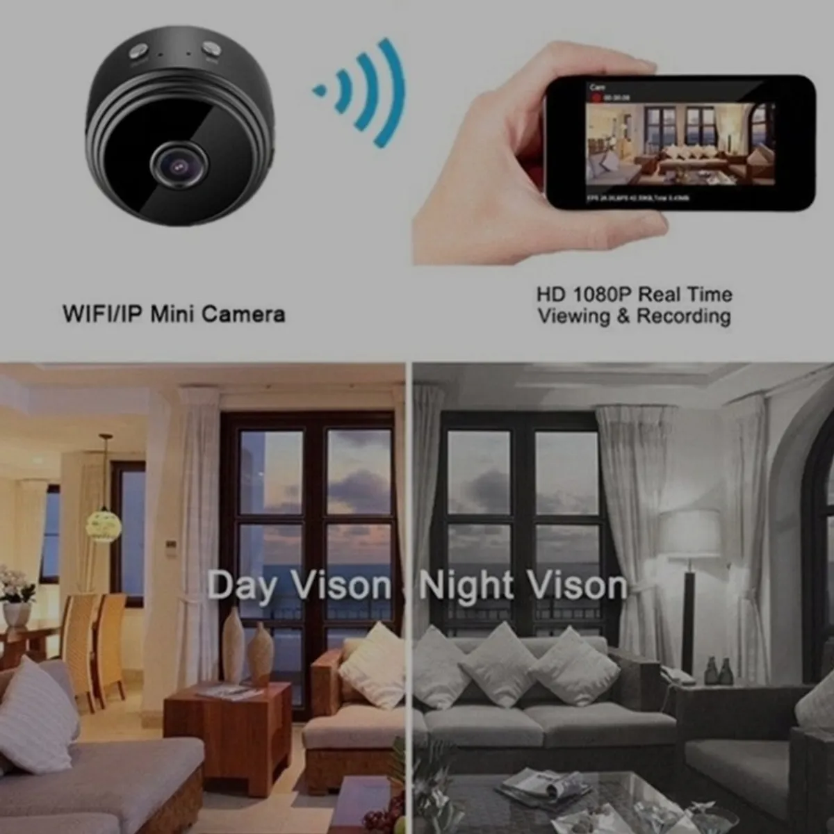 A9 Mini WiFi Security Camera. 
It features 1080p HD resolution for video
