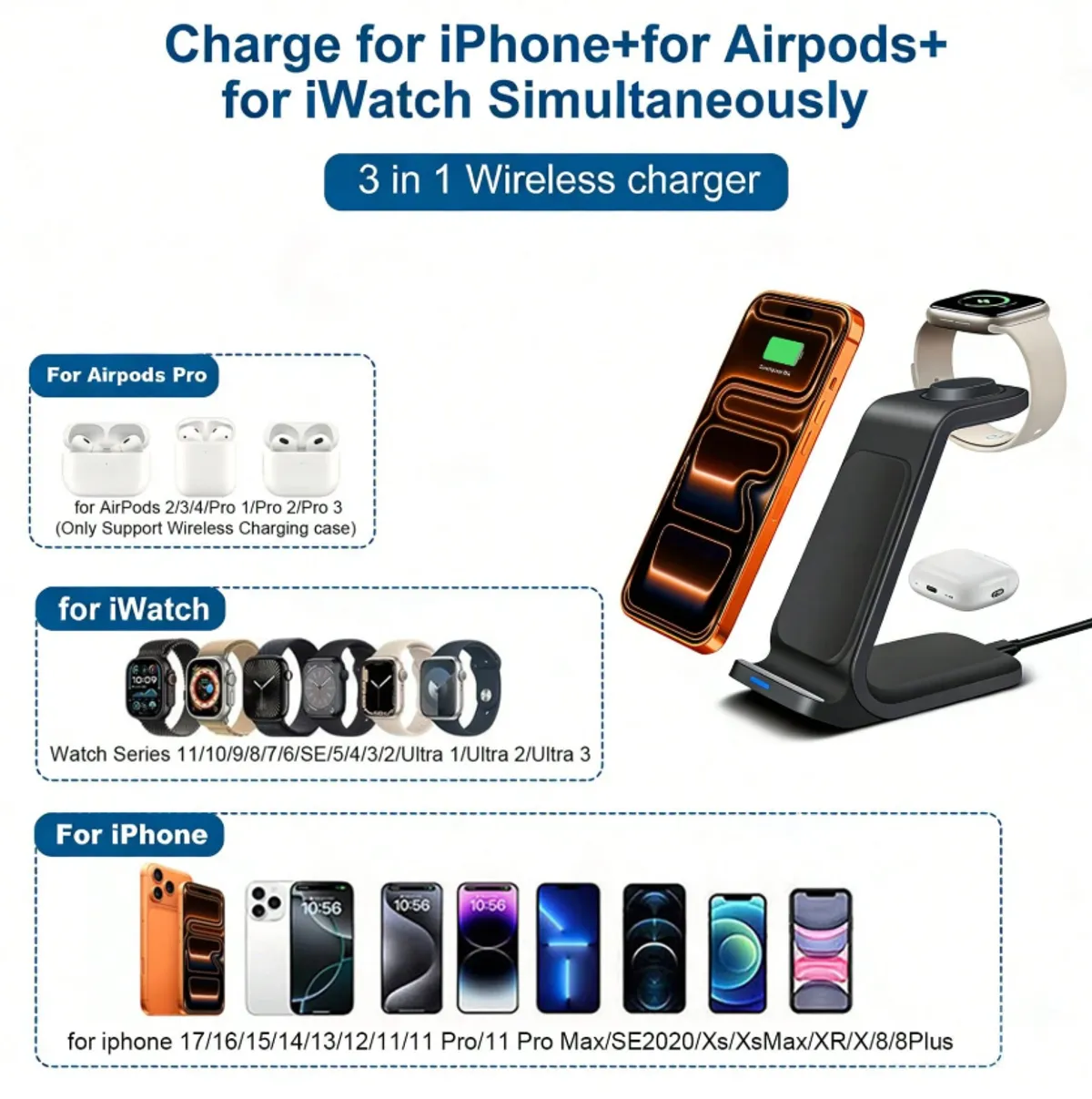 3-In-1 Wireless Charging Station 15W, BLK