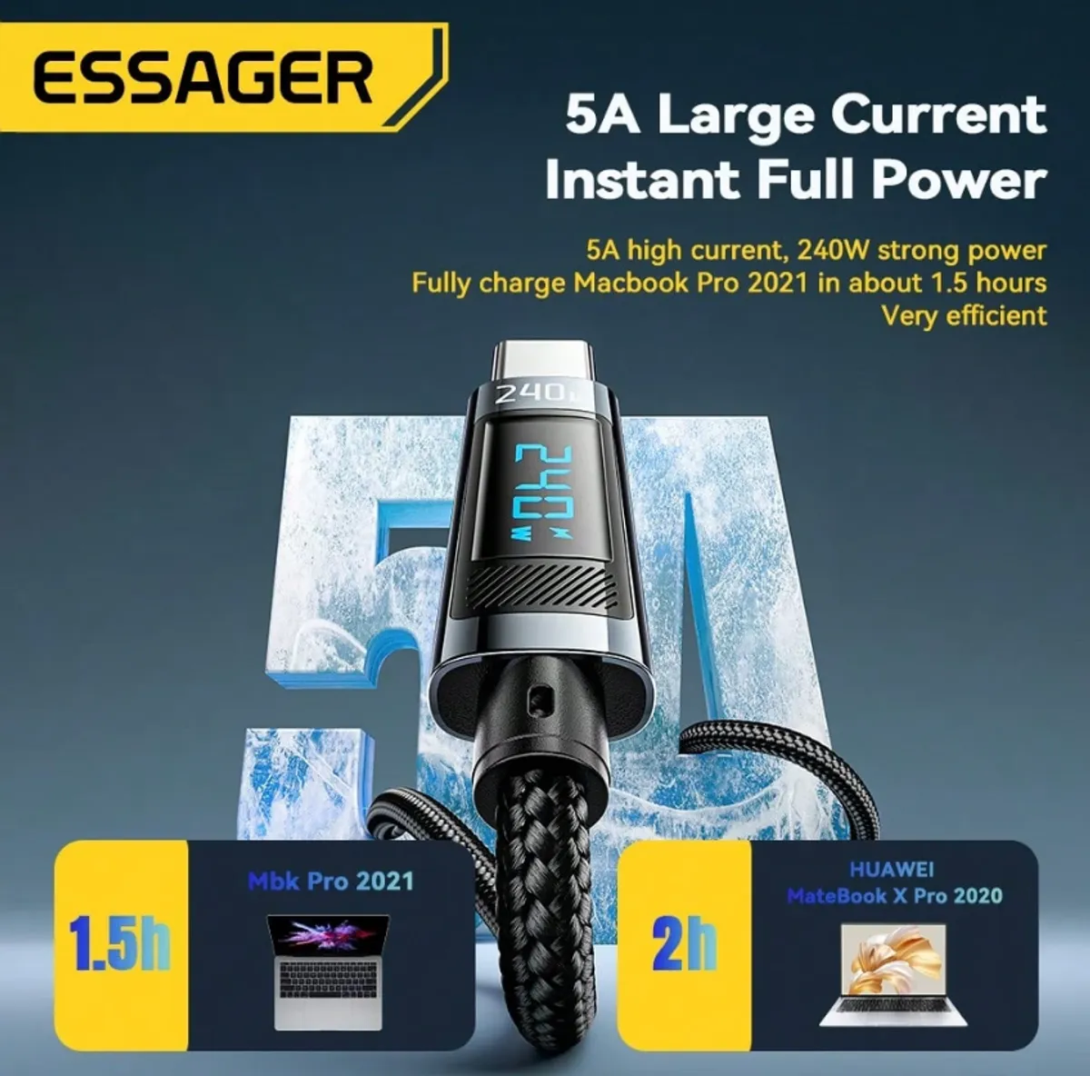 ESSAGER 240W Fast Charging 3FT (Type C To Type C) Cable w/ digital display Compatible with Iphone 15 16 Pro Max Pro