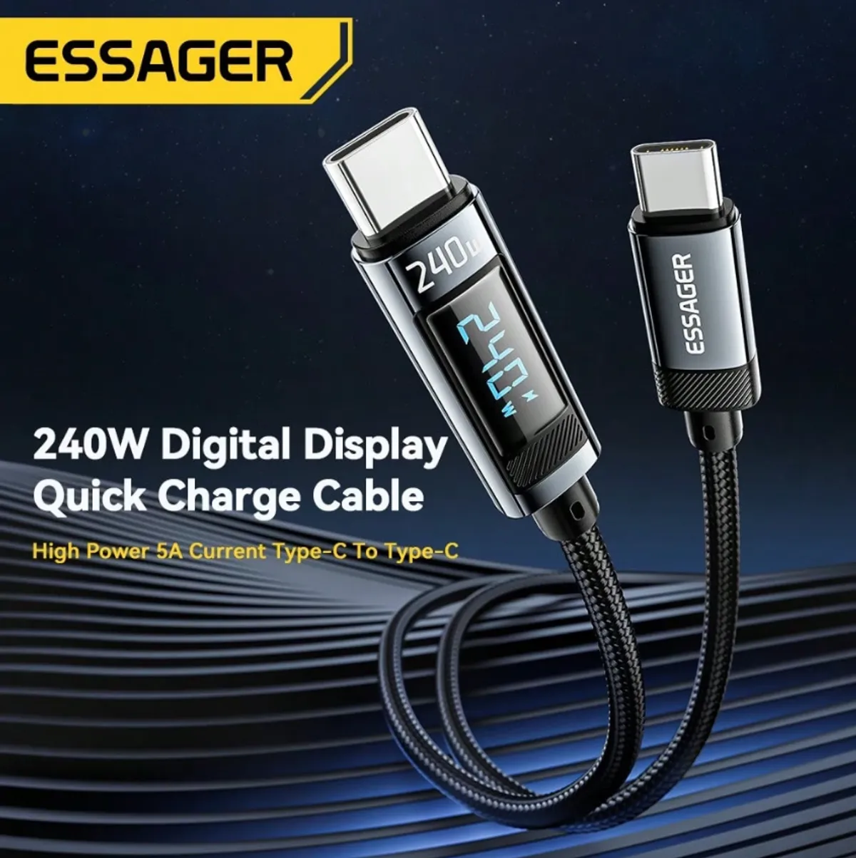 ESSAGER 240W Fast Charging 3FT (Type C To Type C) Cable w/ digital display Compatible with Iphone 15 16 Pro Max Pro