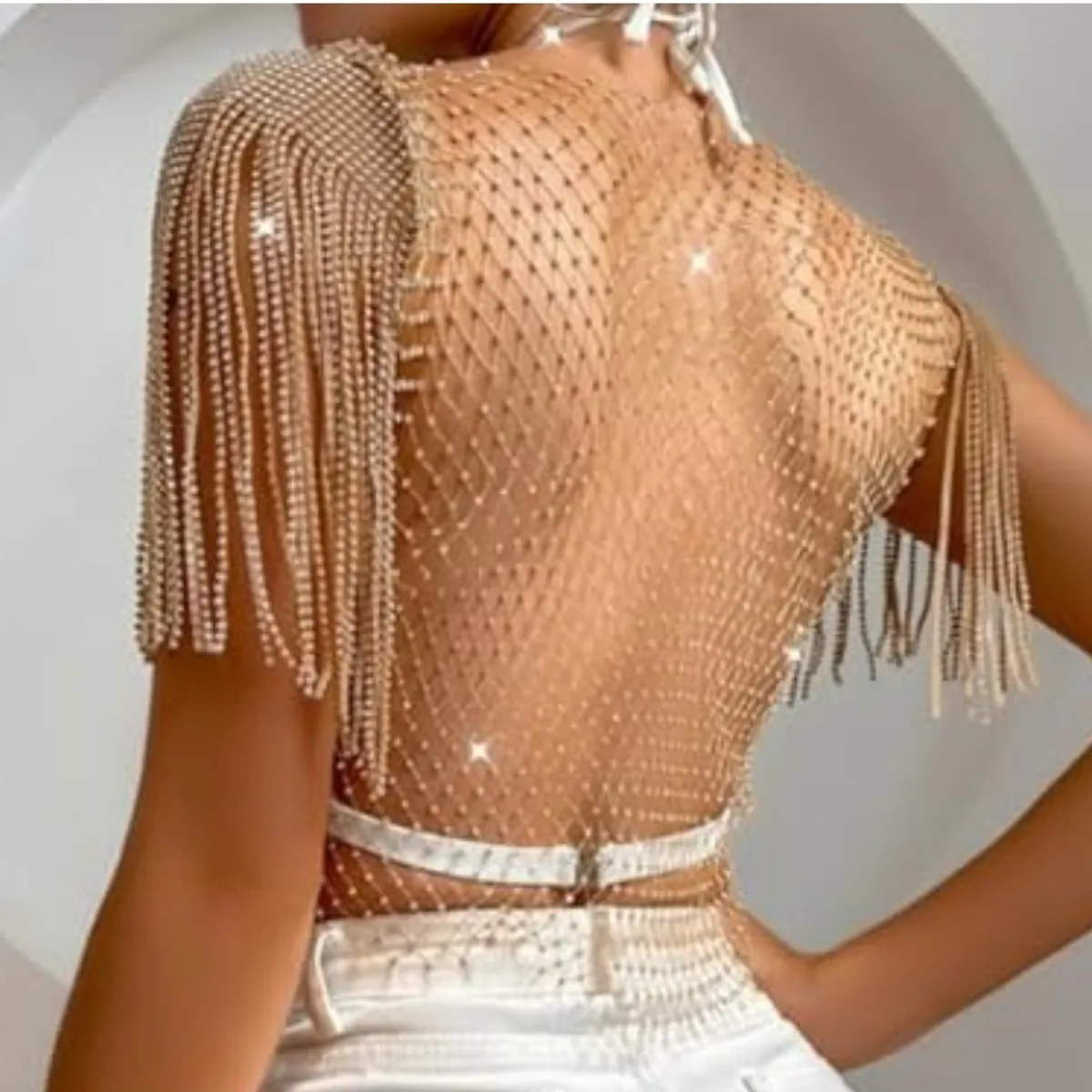 Women's Sheer Mesh Fringe Rhinestone Fishnet Top Blouse - Size Xs
