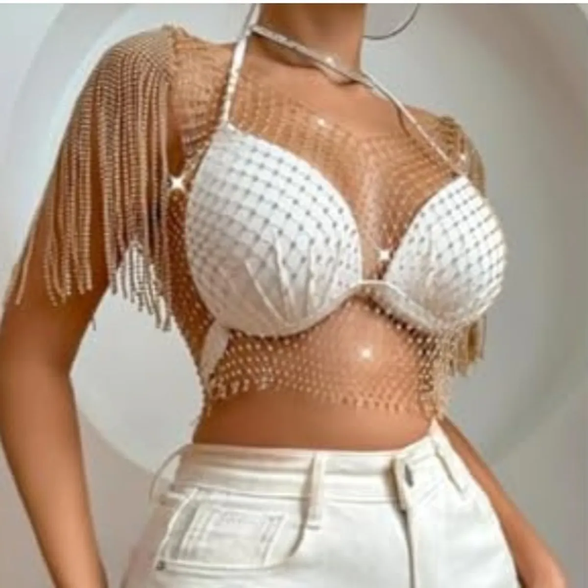 Women's Sheer Mesh Fringe Rhinestone Fishnet Top Blouse - Size Xs
