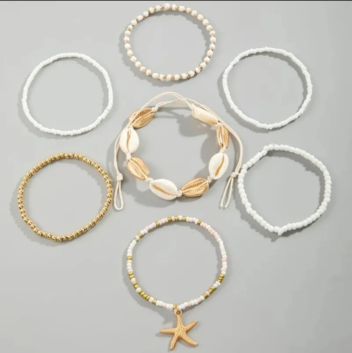 A Women'S Minimalist Fashion Bracelet Set Starfish Woven Summer Beach Shell Rice Bead Hand Jewelry 6pcs Set