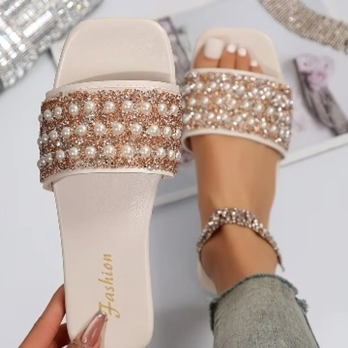 Women's White Rhinestone Square-Toe Flat-Size 7.5/8