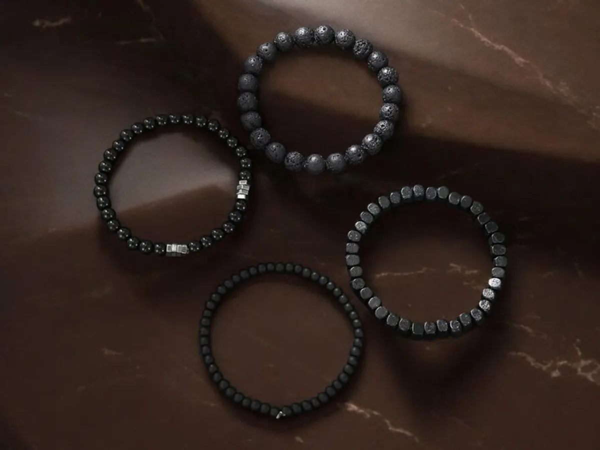 4Pcs Men's Black Lava Stone & Wooden Bead Bracelet Set