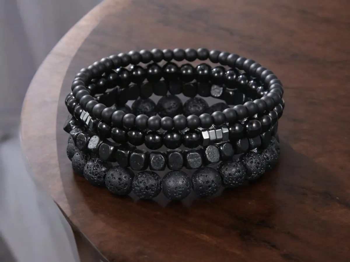 4Pcs Men's Black Lava Stone & Wooden Bead Bracelet Set