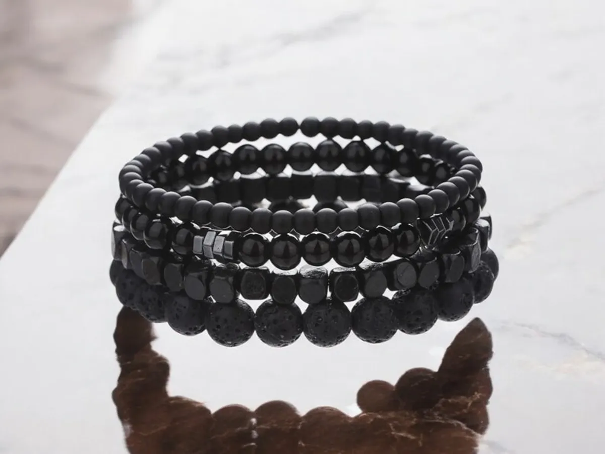 4Pcs Men's Black Lava Stone & Wooden Bead Bracelet Set