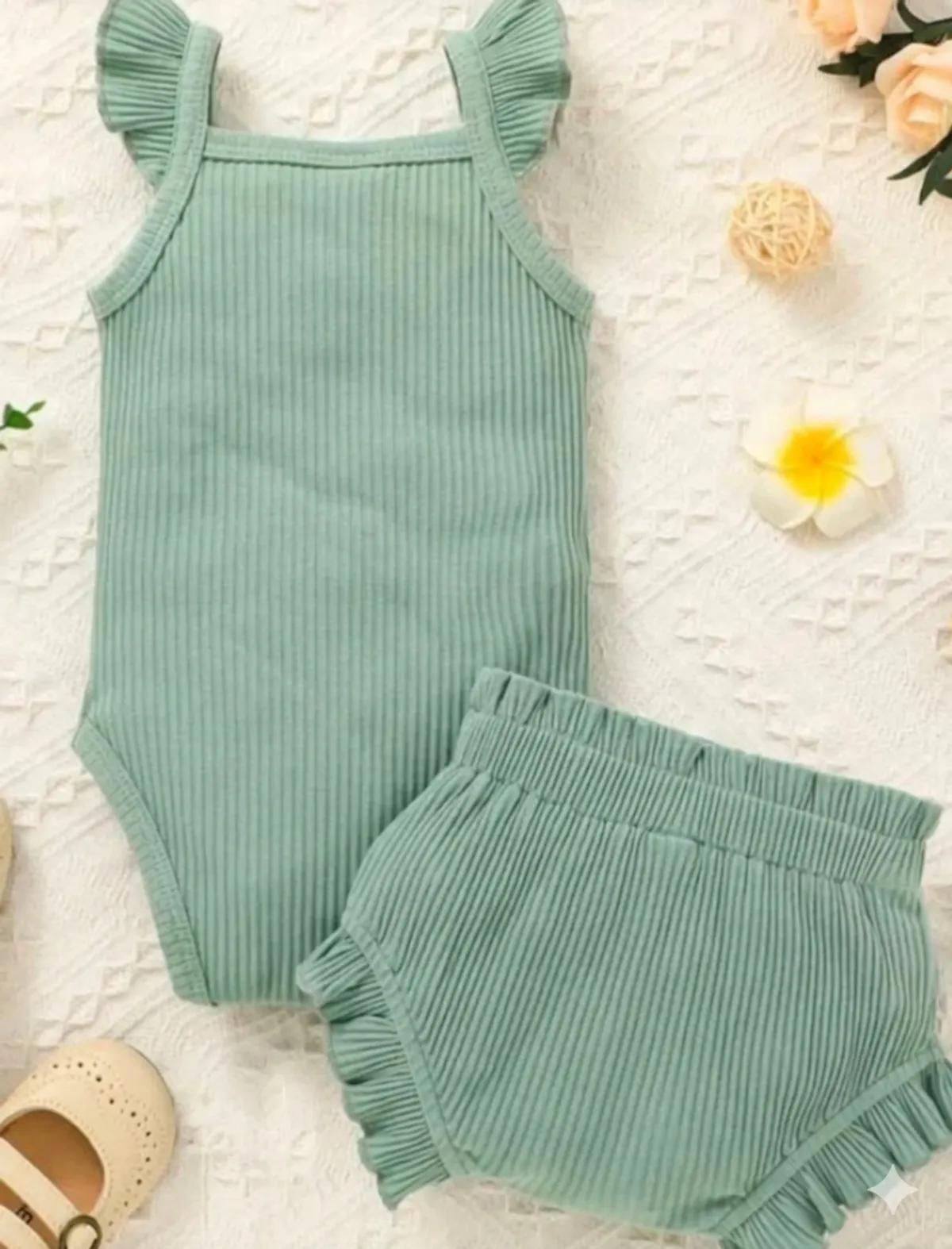 Baby  Girl Ribbed Cotton Sleeveless Strap Top  And Shorts - Size 62