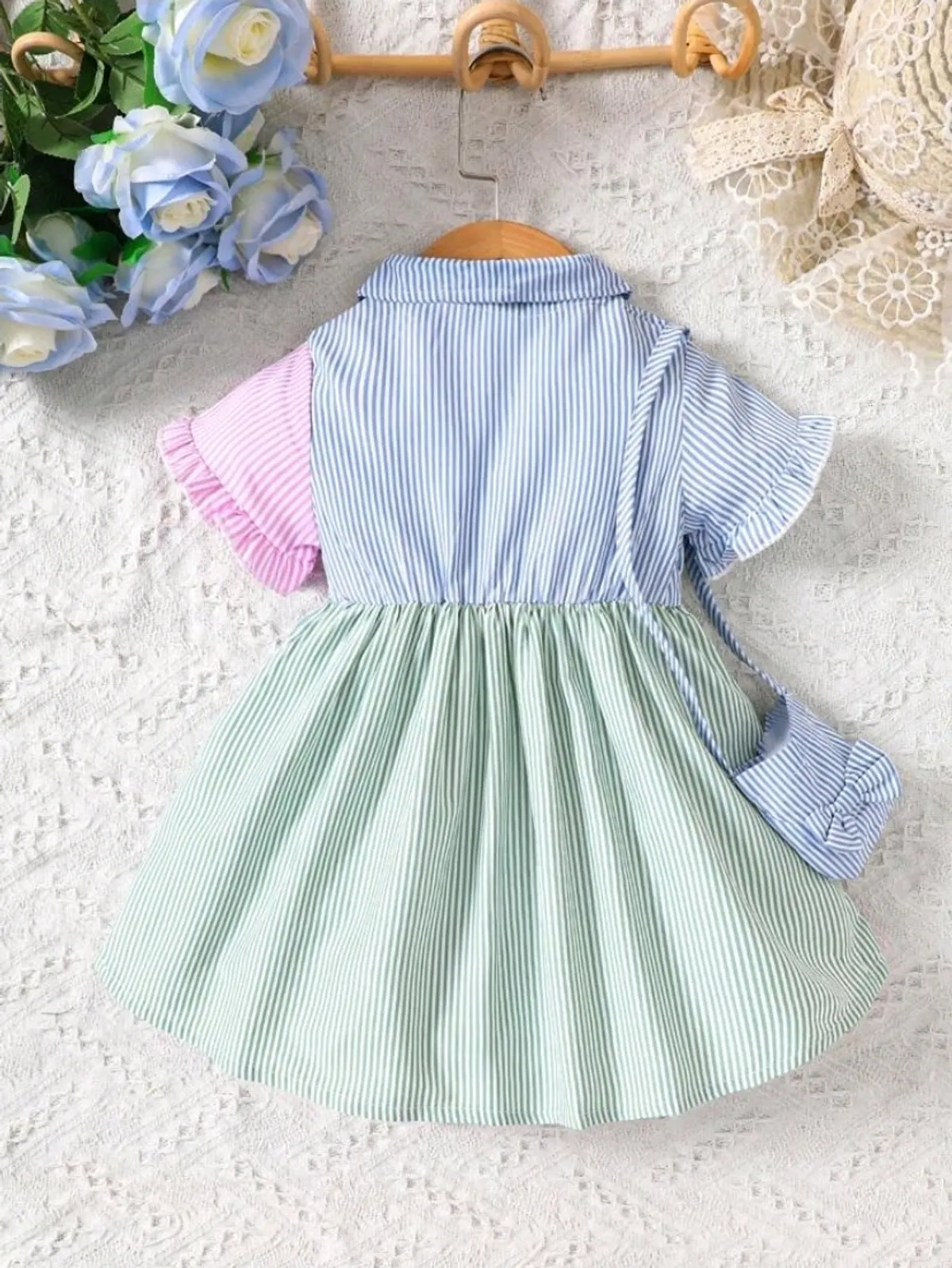 Kids Baby Girl Striped Print Colorblock Flounce Sleeve Shirt Dress With Accessory Bag - Size 12-18M