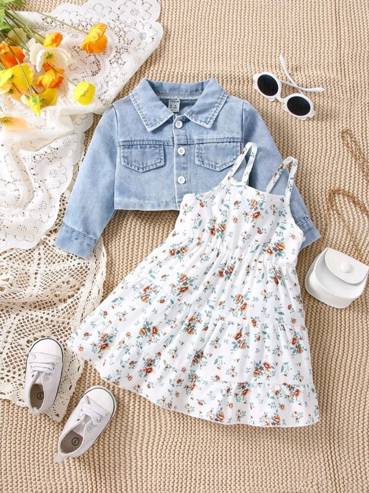 Kids Baby Girl Flap Pocket Denim Jacket & Floral Print Ruffle Hem Cami Dress - Size 12-18M