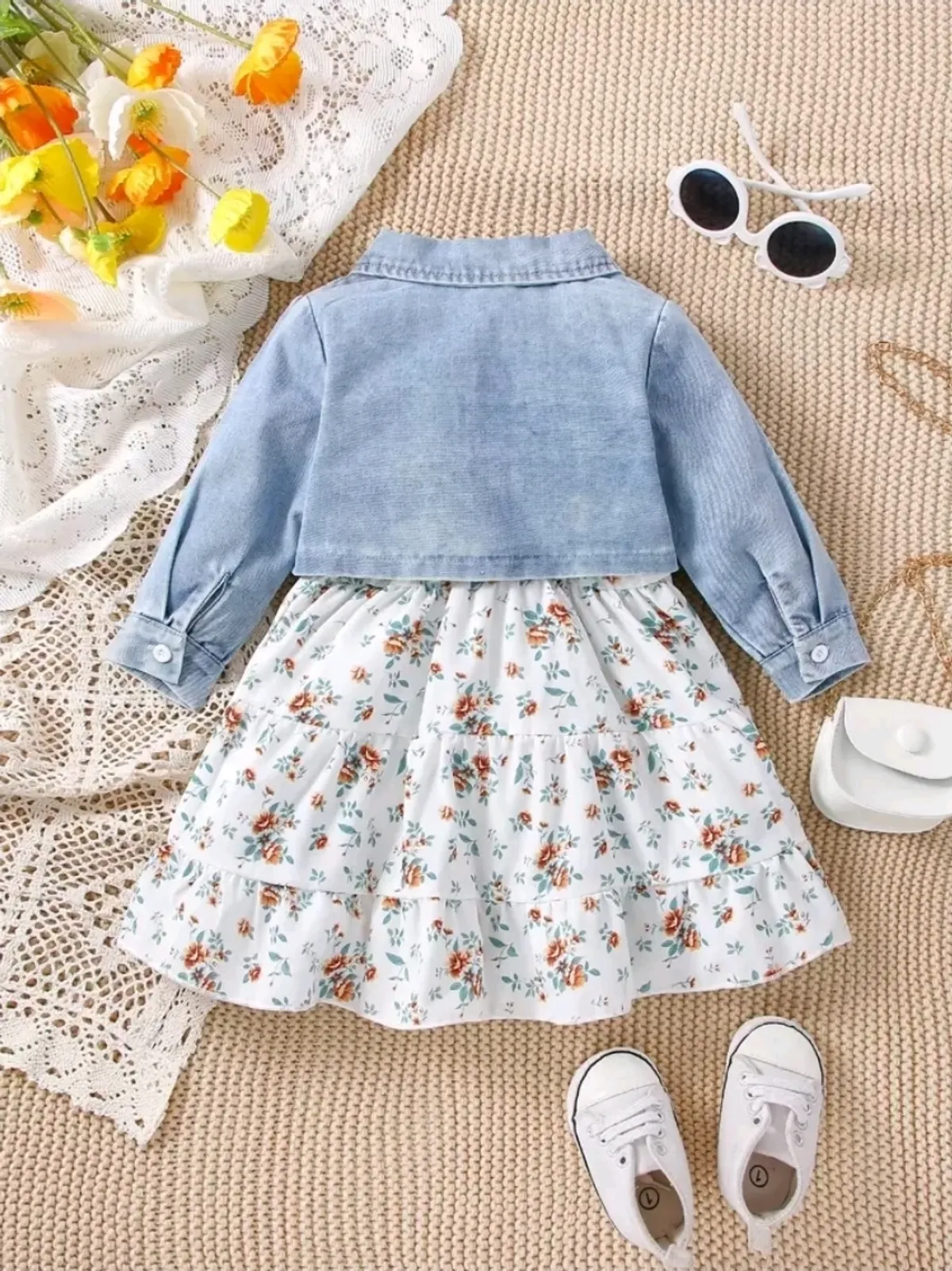 Kids Baby Girl Flap Pocket Denim Jacket & Floral Print Ruffle Hem Cami Dress - Size 12-18M