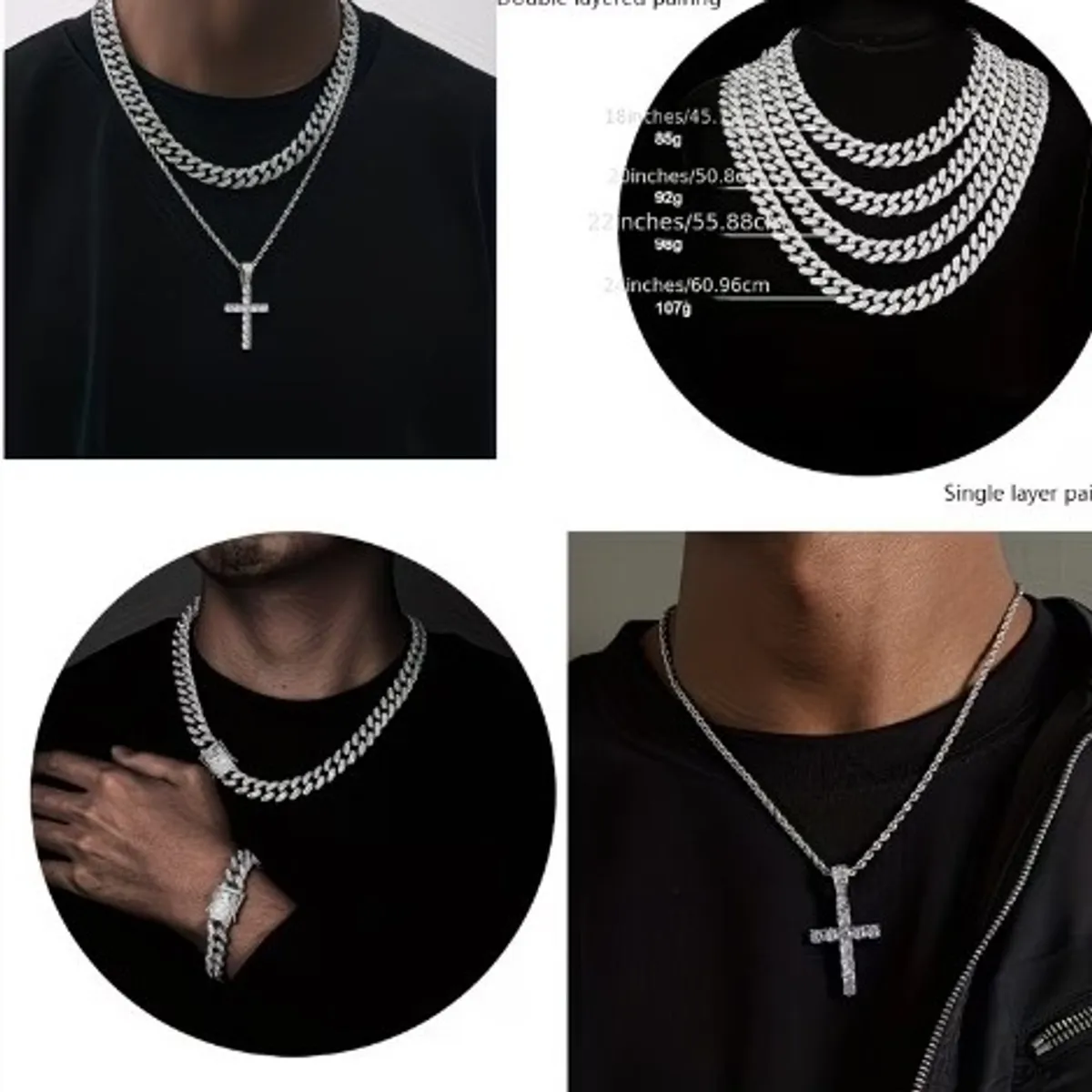 Men's Sliver  4pcs Set  Cuban Necklace,Cross Necklace  And Watch