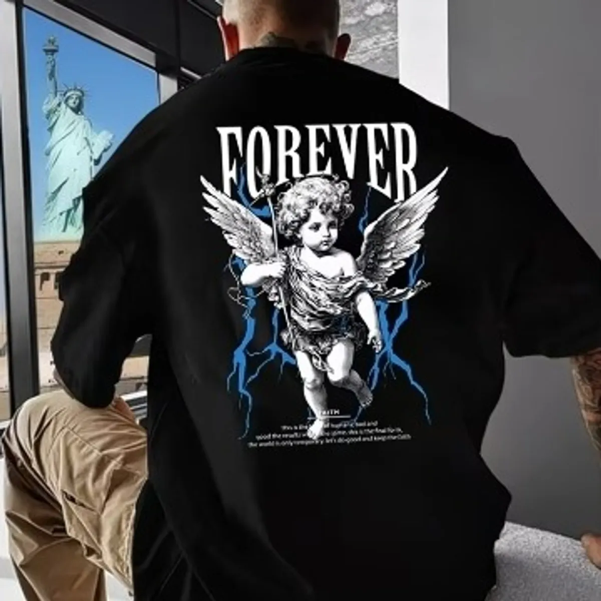 Men'S Angel Pattern Design Crew Neck Short-Sleeved T-Shirt-Size S