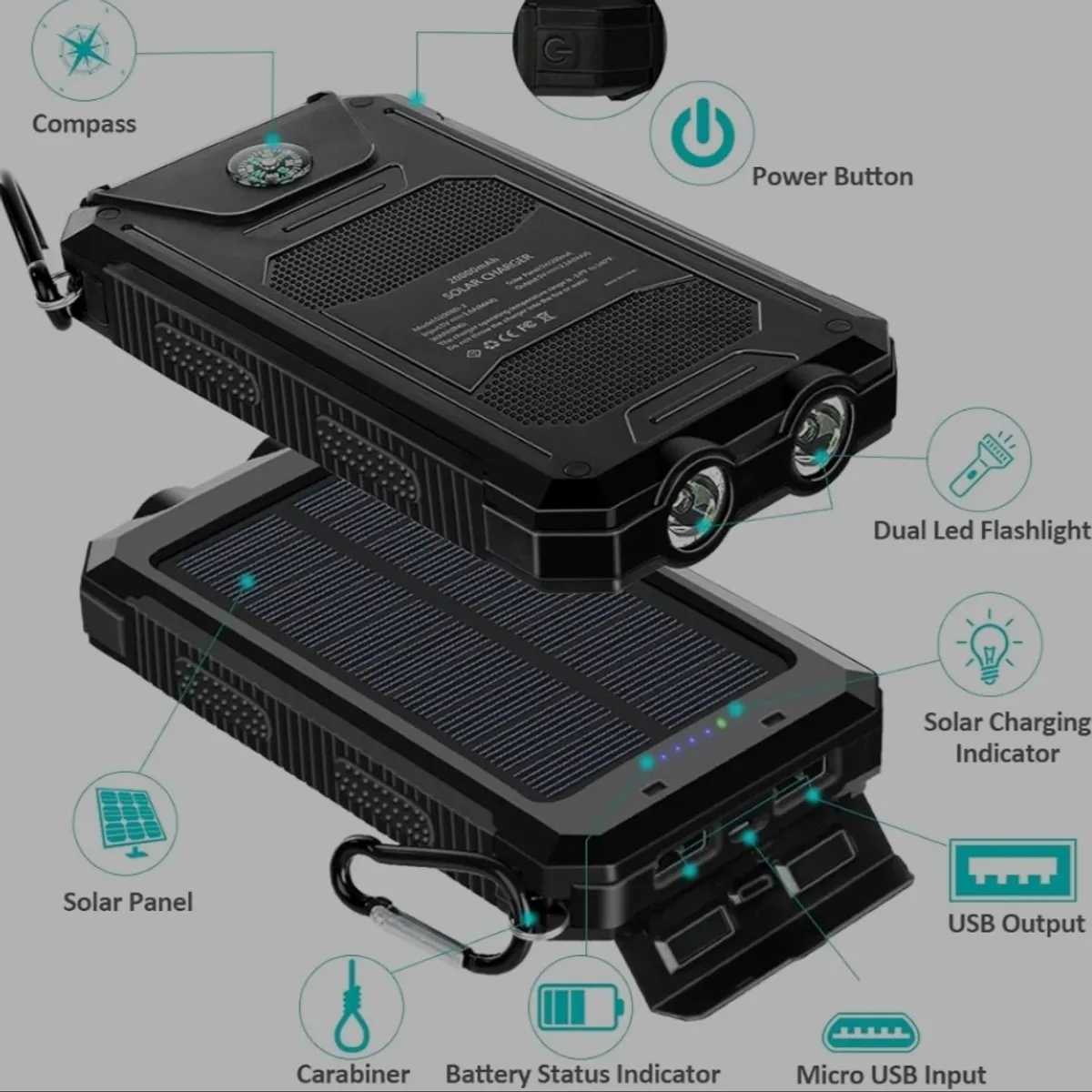 Solar Charger Power Bank Fast Charging - 70000mAh Portable Solar Phone Battery Panel Charger 5V/200MA