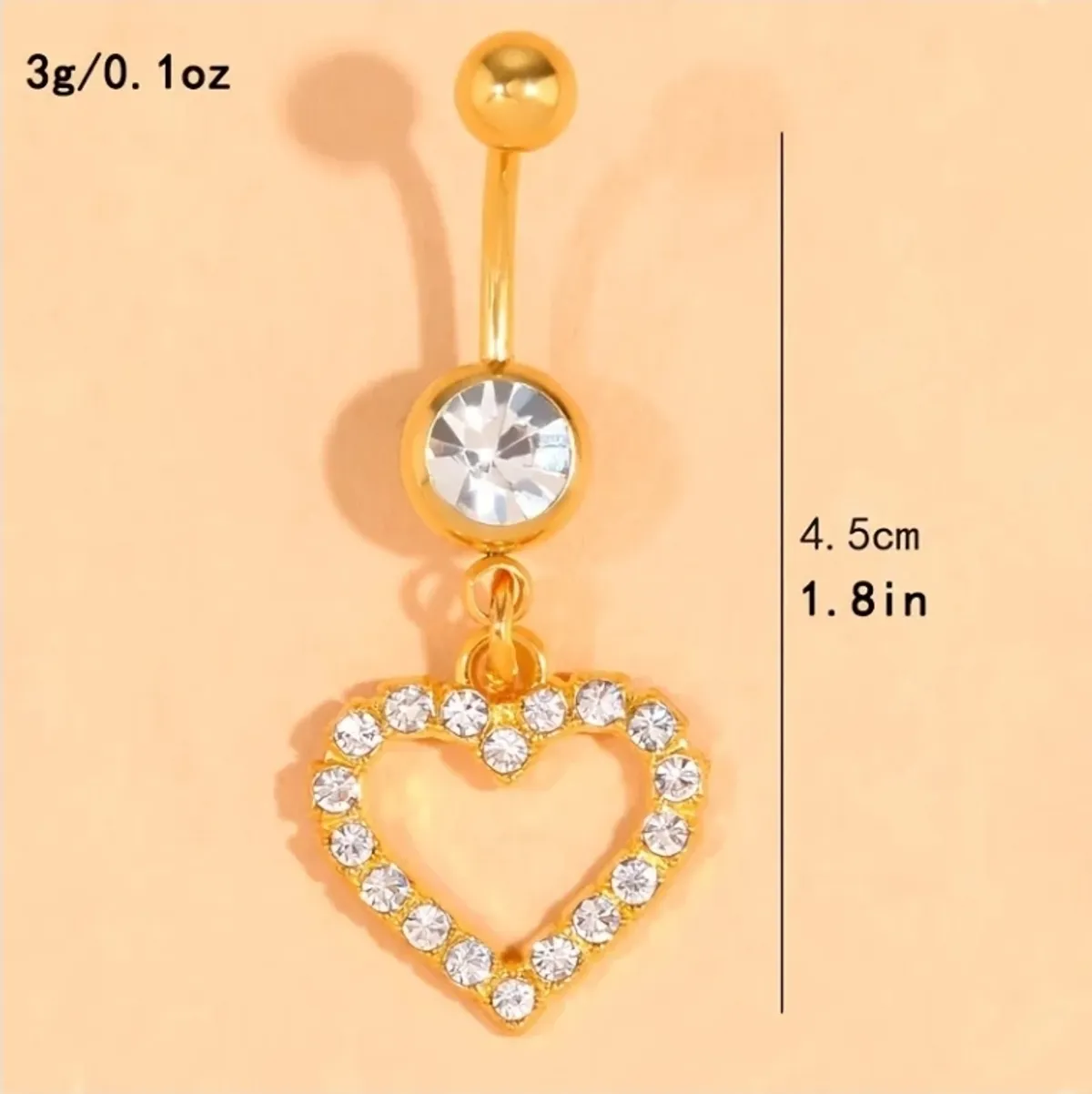 Women's Fashion Body Piercing Jewelry, Heart-Shaped Navel Ring with Rhinestones