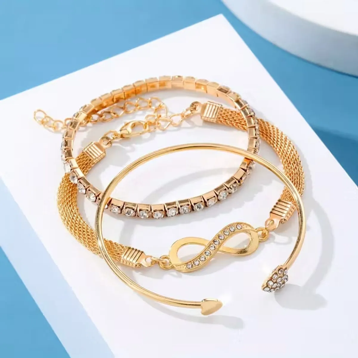 3pcs Women's Gold Bracelet Set, Rhinestone Infinity Symbol, Tennis Chain,  Open Bangle