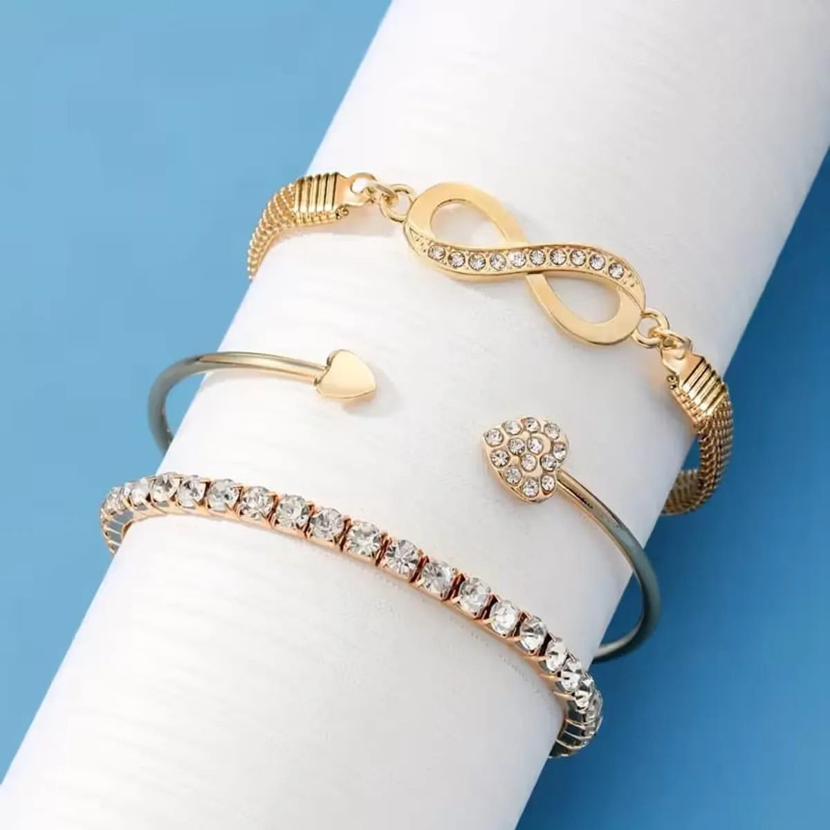 3pcs Women's Gold Bracelet Set, Rhinestone Infinity Symbol, Tennis Chain,  Open Bangle