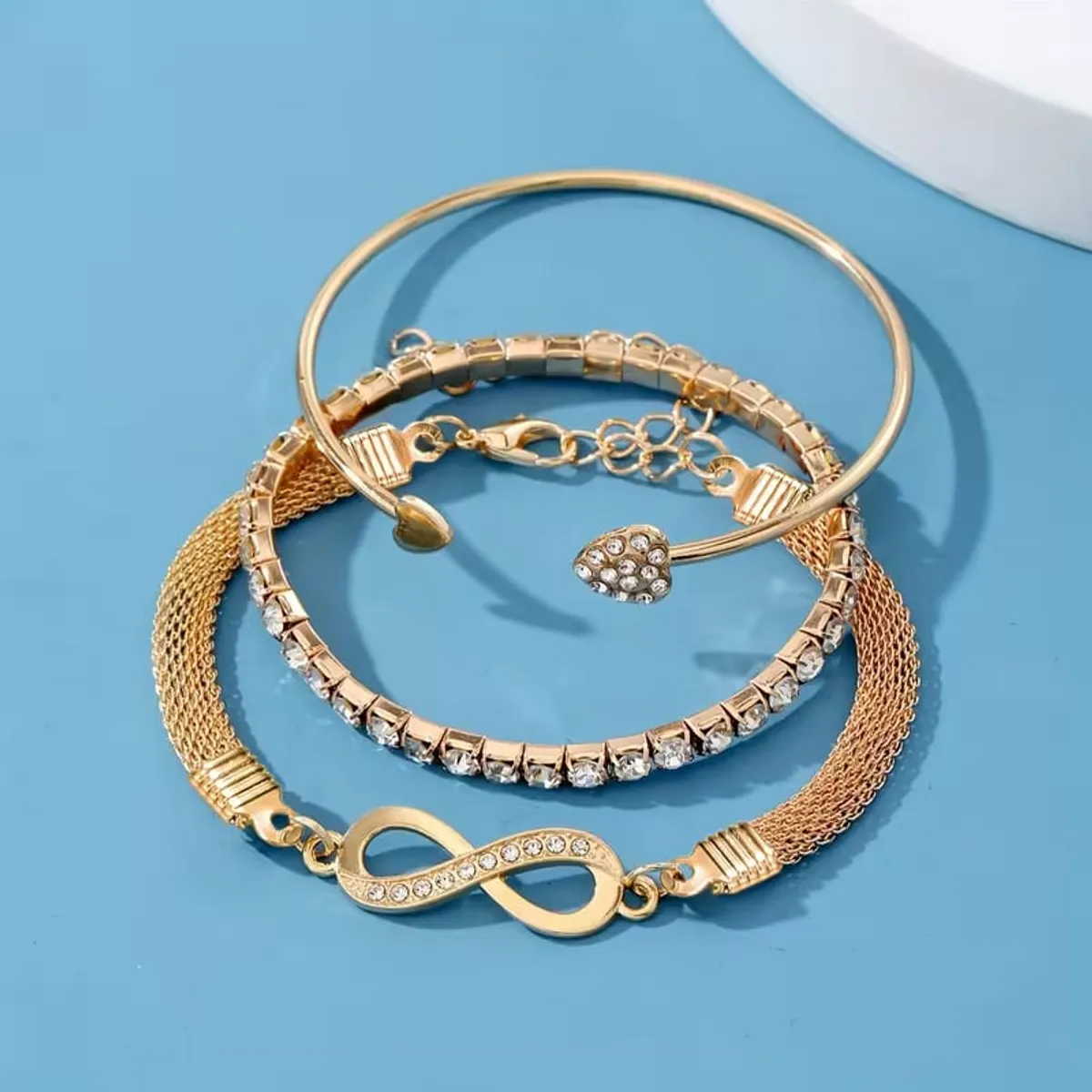 3pcs Women's Gold Bracelet Set, Rhinestone Infinity Symbol, Tennis Chain,  Open Bangle