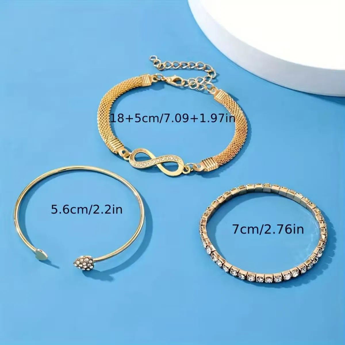 3pcs Women's Gold Bracelet Set, Rhinestone Infinity Symbol, Tennis Chain,  Open Bangle