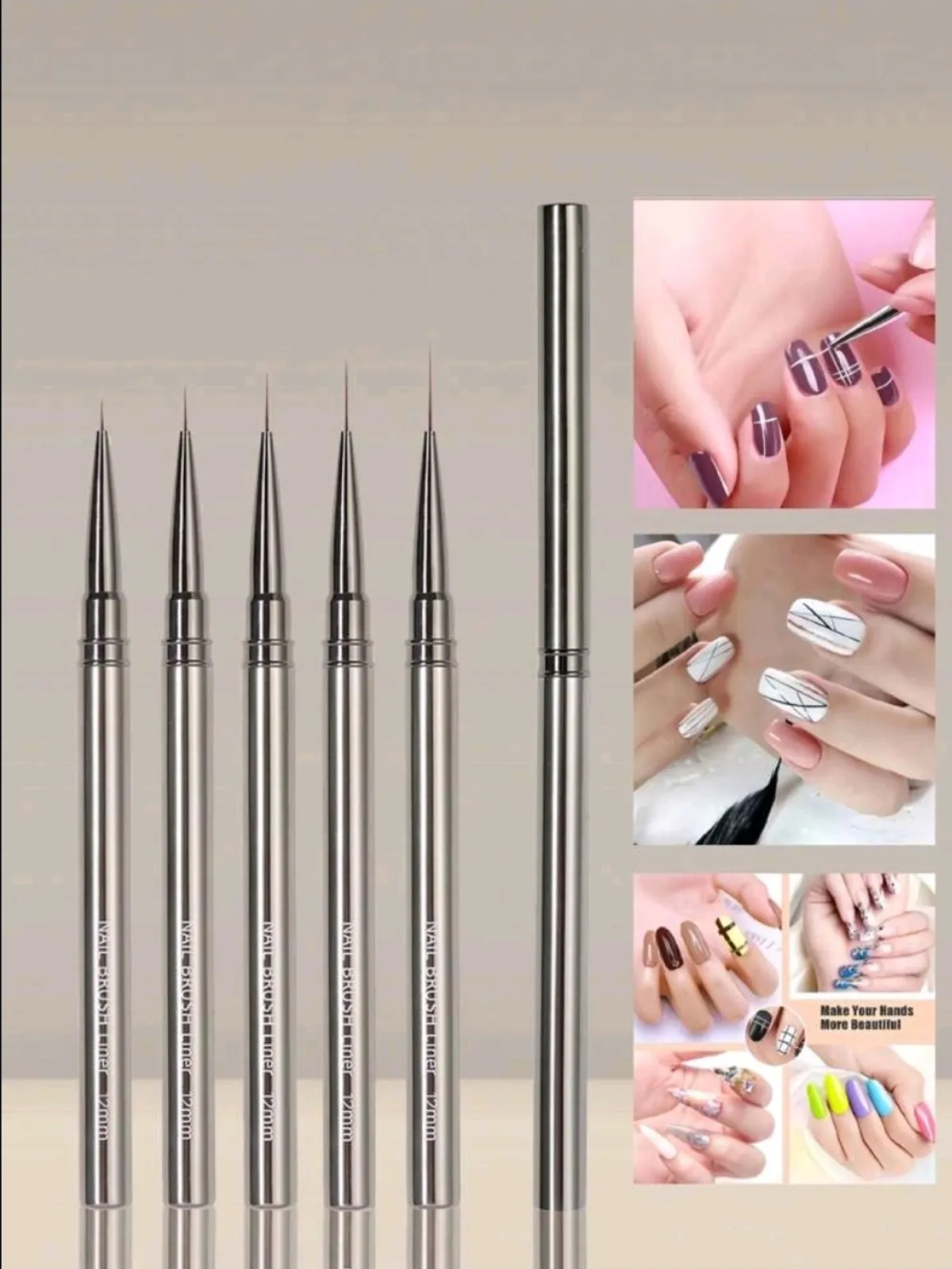 5pcs/Set Nail Liner Brush, DIY Drawing Painting Flower Line Stripes Pen 6/9/12/15/18mm Metal Handle Nail Art Brush With Cover Nail Brushes