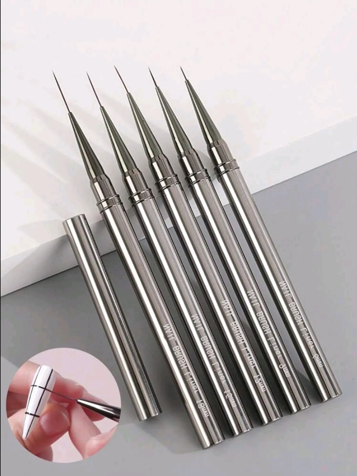 5pcs/Set Nail Liner Brush, DIY Drawing Painting Flower Line Stripes Pen 6/9/12/15/18mm Metal Handle Nail Art Brush With Cover Nail Brushes