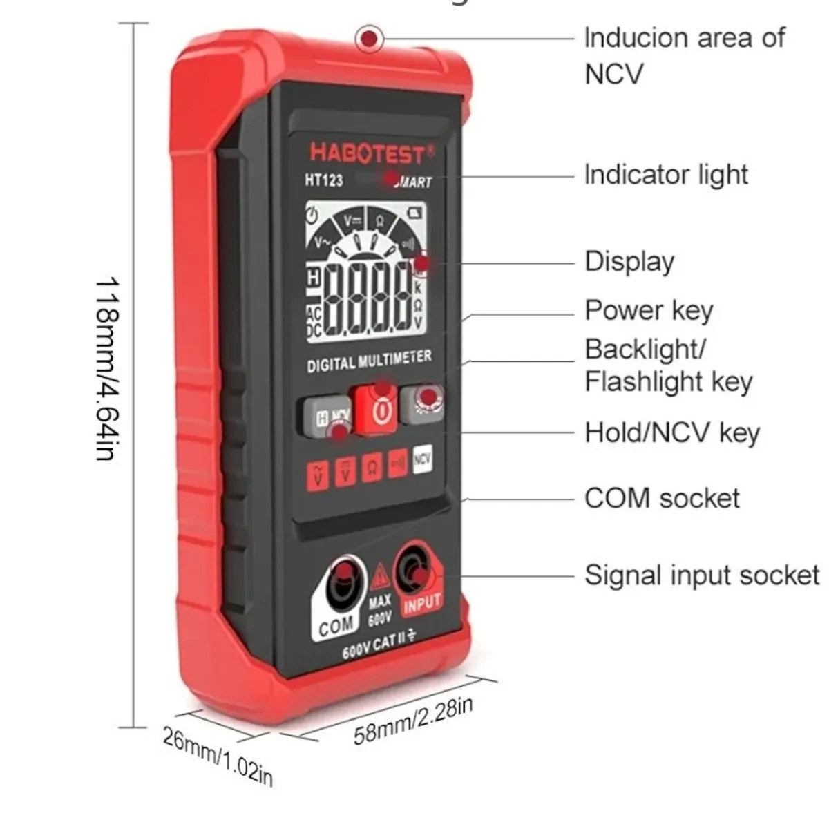HT123 Smart Digital Multimeter AC/DC Voltage Resistance Continuity Measurement Tester Electrical NCV Multimeter with Backlight