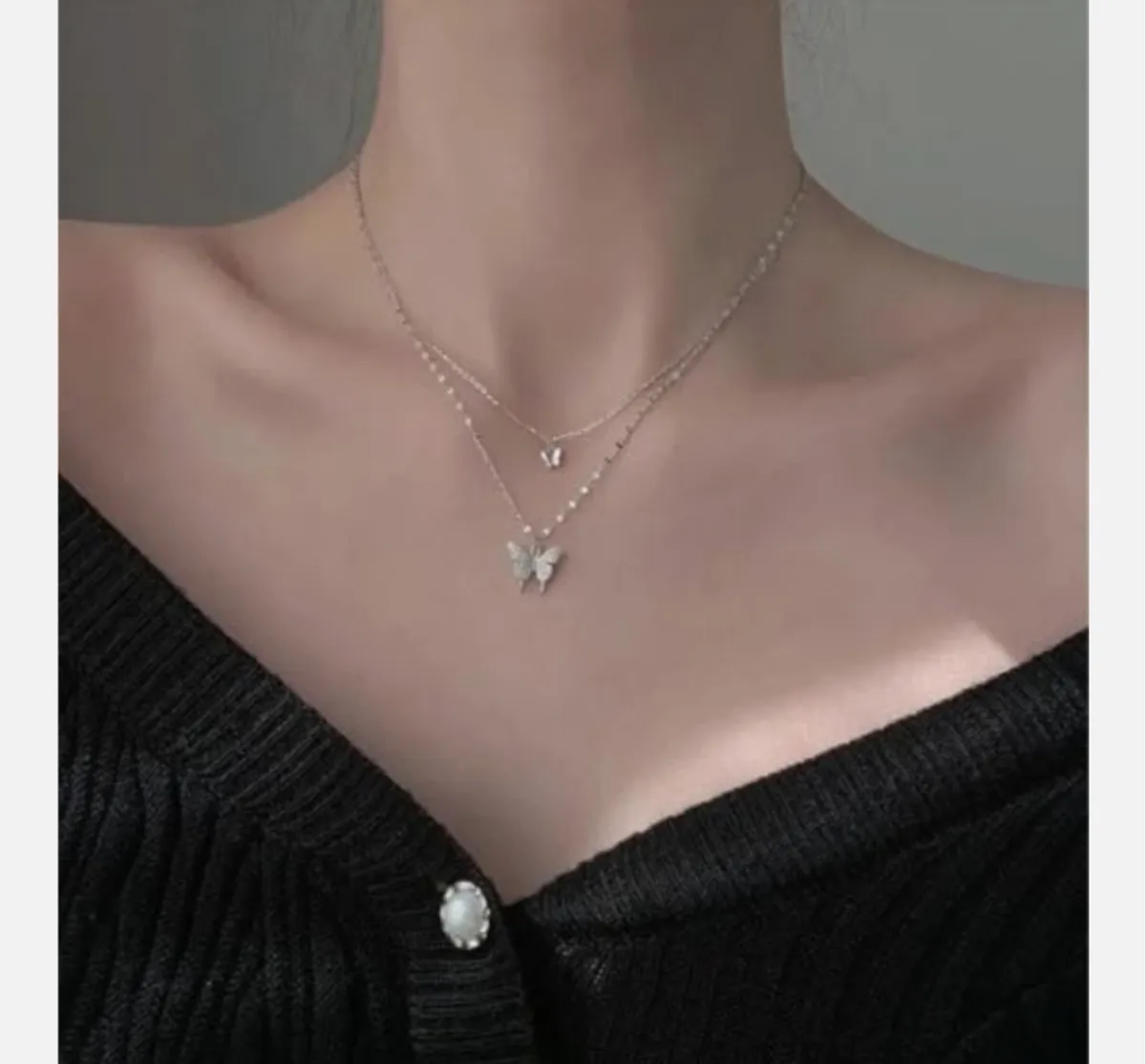 Women'S Fashion Silver Double Layered Butterfly Pendant Necklace