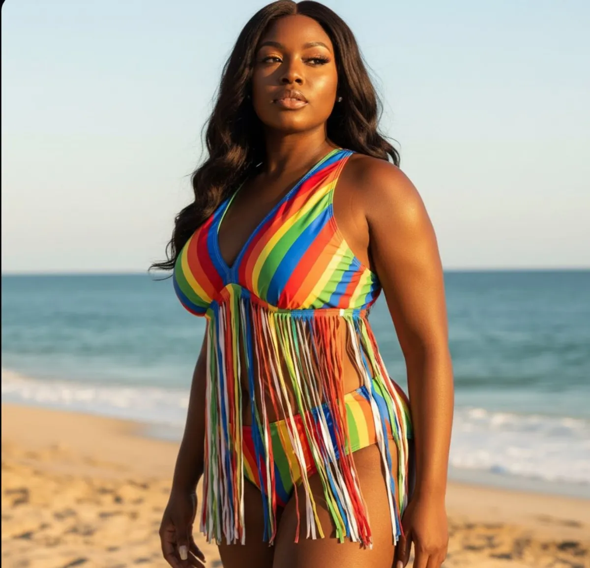 Hot Pink Rainbow Fringe One Piece Swimsuit Women'S Beach Pool Vacation Swimwear - Size 2XL