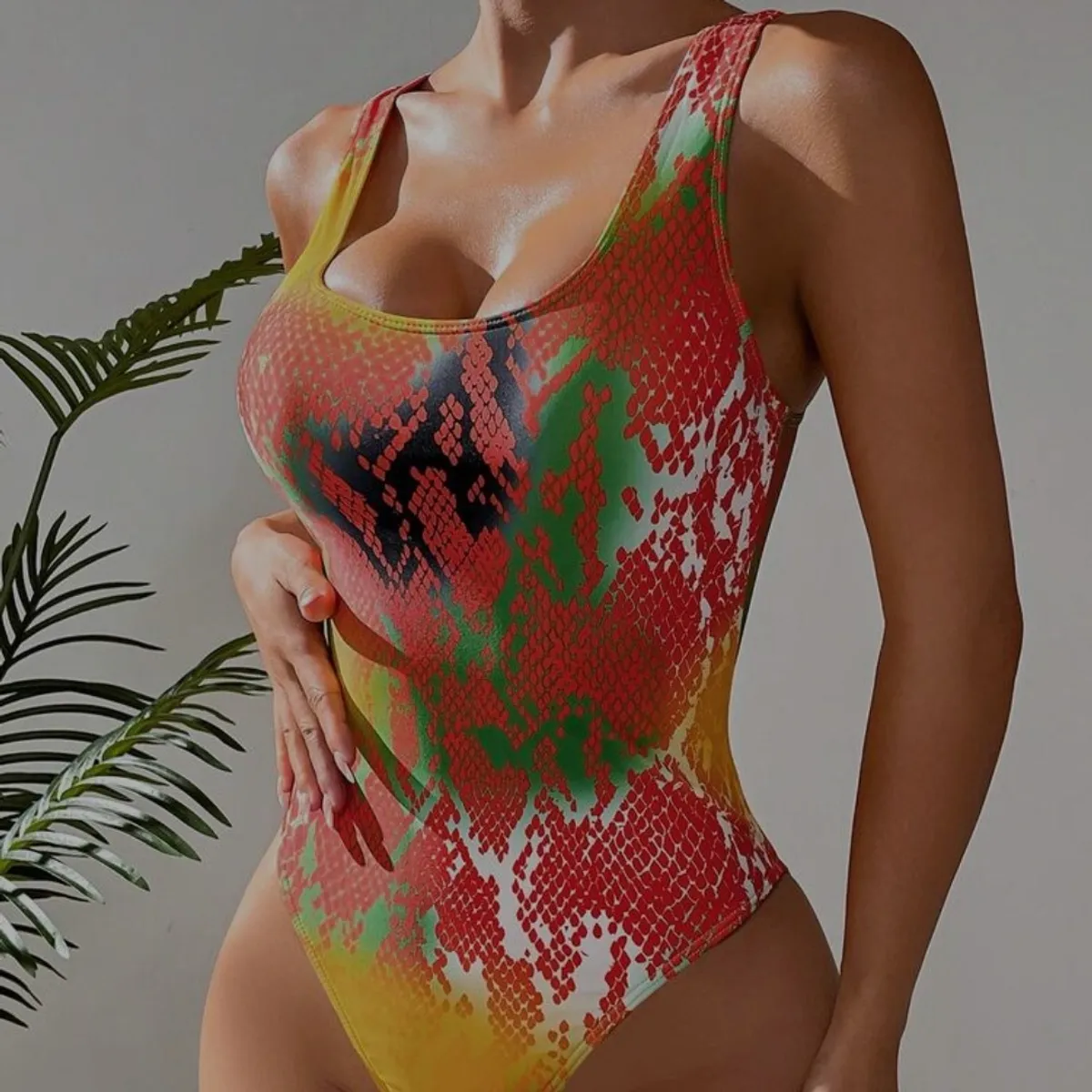 Snakeskin Print One Piece Swimsuit With Lace Up Cover Up Skirt-Size 2XL
