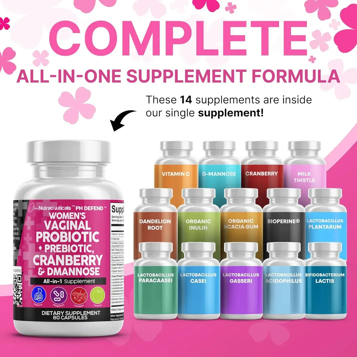 Clean Nutraceuticals Vaginal Probiotics, Prebiotics, With Cranberry & D-Mannose – 60 Count