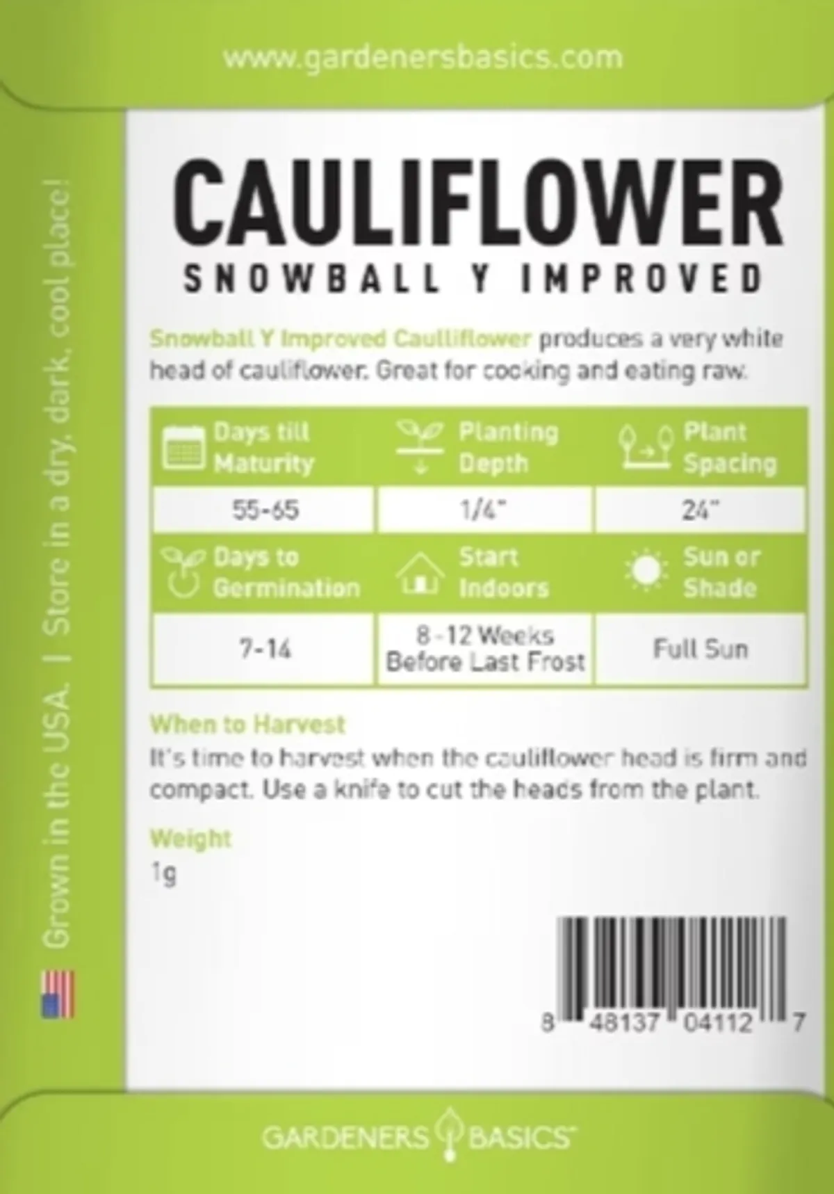 Gardeners Basics Cauliflower Seeds for Planting - (Snowball Y Improved) is A Great Heirloom, Non-GMO Vegetable Variety, 1 Gram Seeds Great for Outdoor Spring, Winter and Fall Gardening