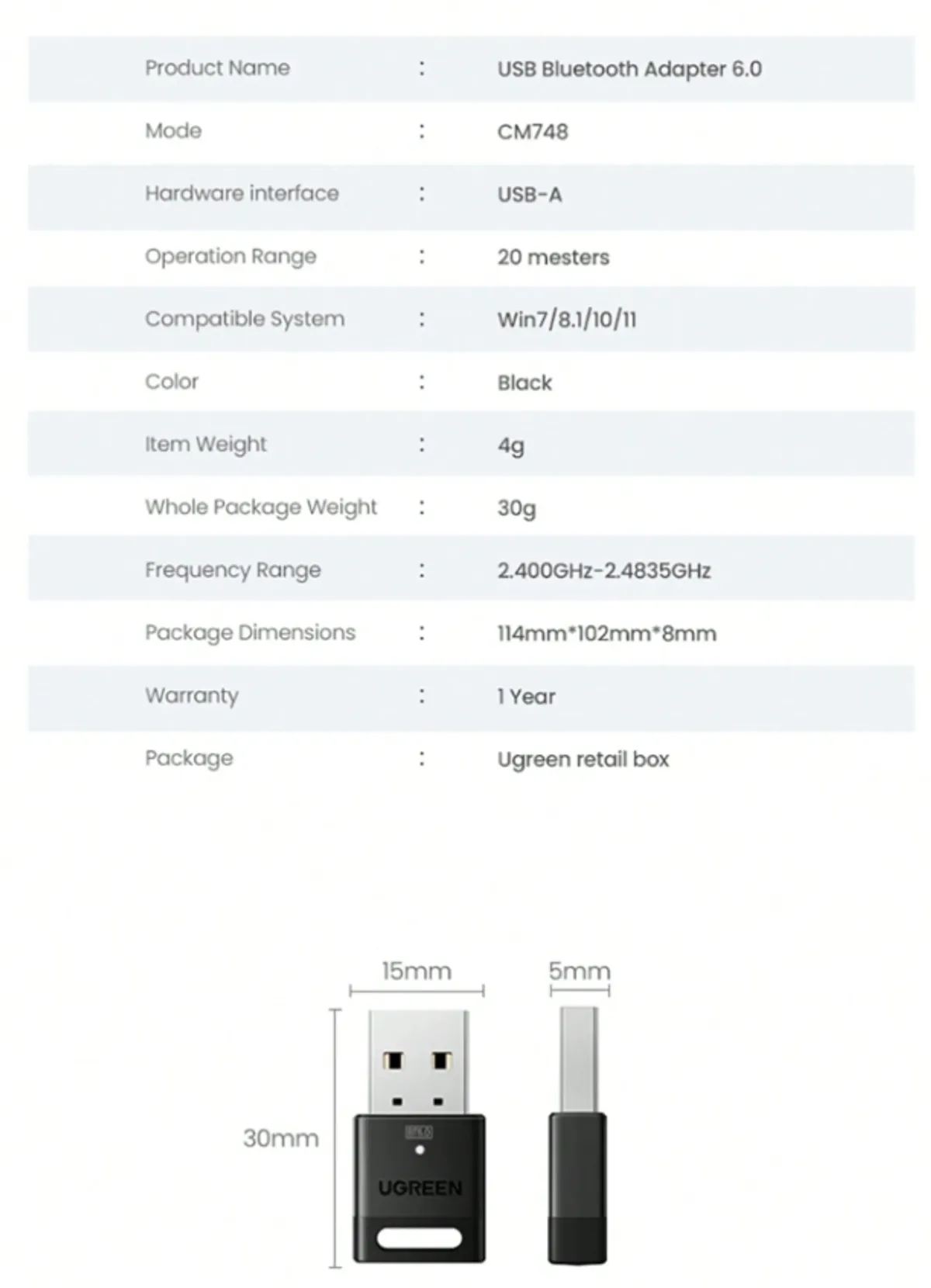 UGREEN USB Bluetooth 5.4 Dongle Adapter