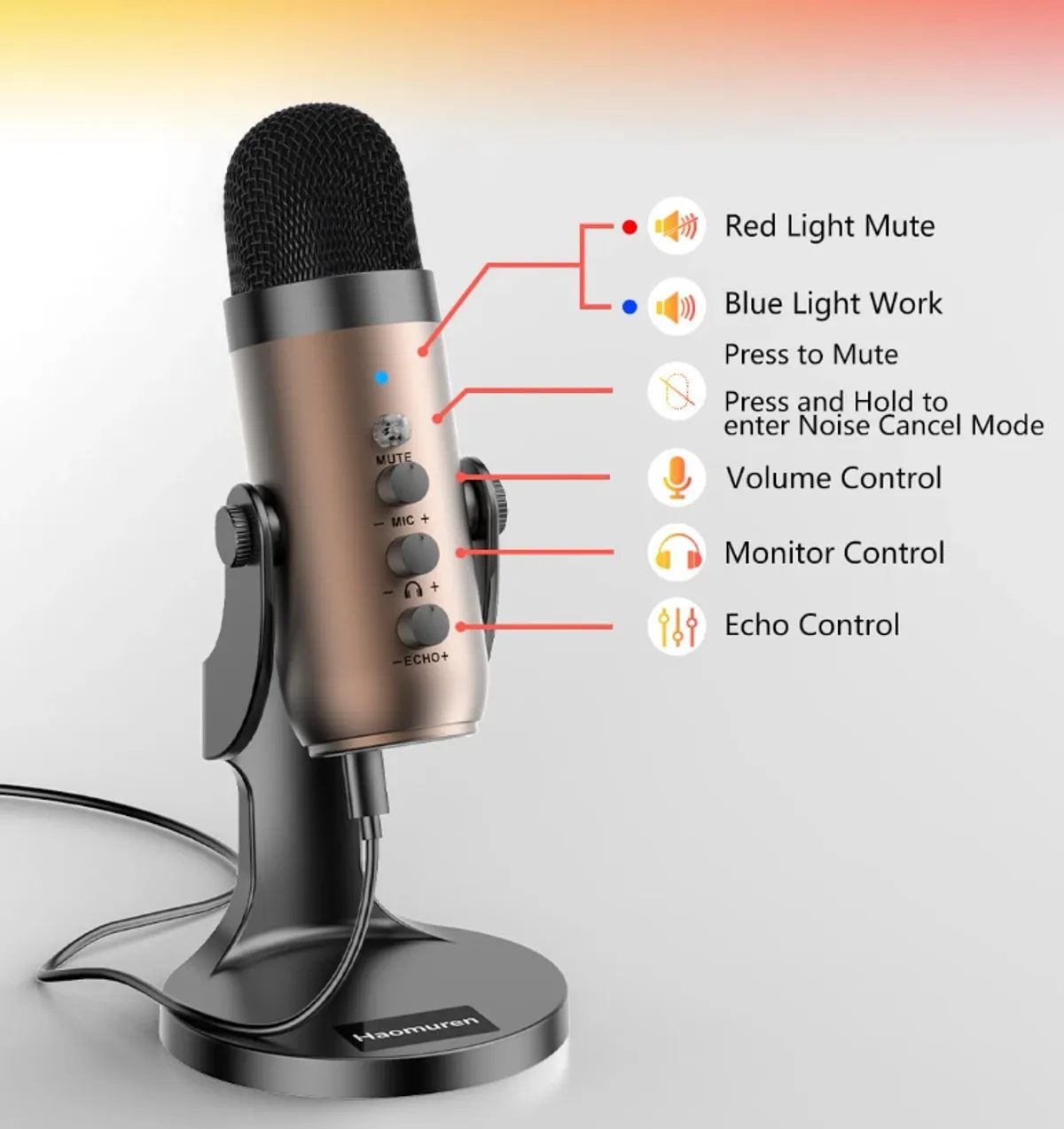 Haomuren (ZealSound) USB Microphone for PC, Laptop, Phone, Condenser Mic With Noise Cancellation,  Blk&Gold