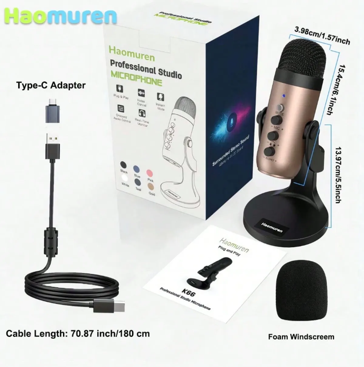 Haomuren (ZealSound) USB Microphone for PC, Laptop, Phone, Condenser Mic With Noise Cancellation,  Blk&Gold