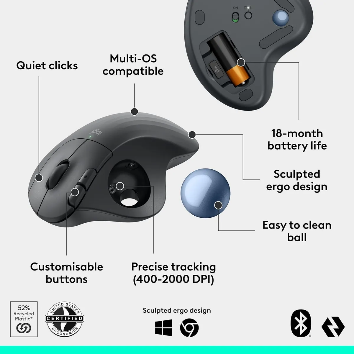 Logitech Ergo M575S Wireless Trackball Mouse, BLK