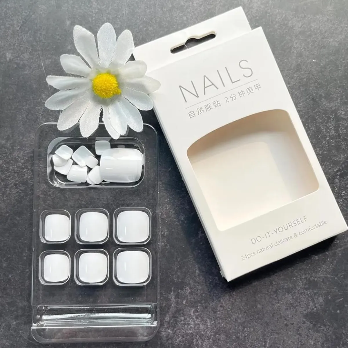 White Press-on Square Fake Toenails - Solid Color Acrylic 24Pcs