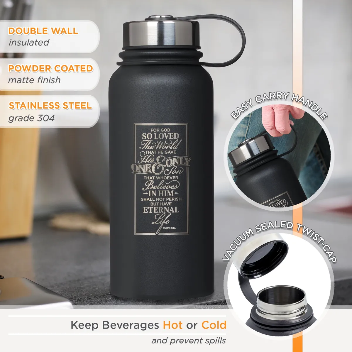 Large Stainless Steel Double Wall Vacuum Sealed Insulated Water Bottle for Men & Women: For God So Loved - John 3:16 Inspirational Bible Verse, Leak/Spill Proof, Black, 32 oz.