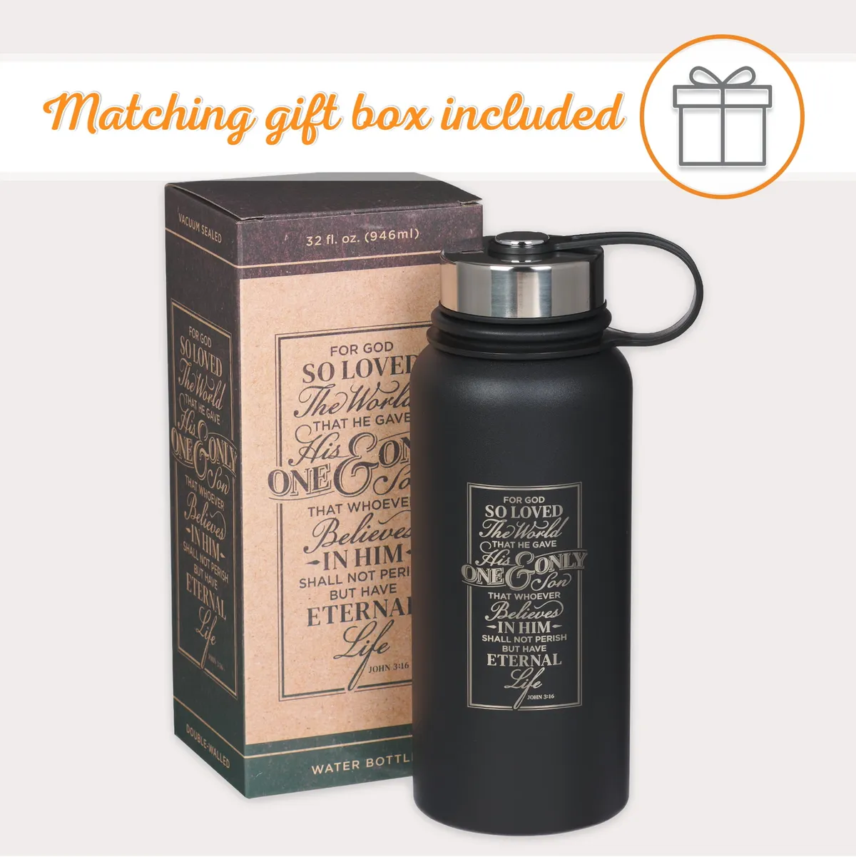Large Stainless Steel Double Wall Vacuum Sealed Insulated Water Bottle for Men & Women: For God So Loved - John 3:16 Inspirational Bible Verse, Leak/Spill Proof, Black, 32 oz.