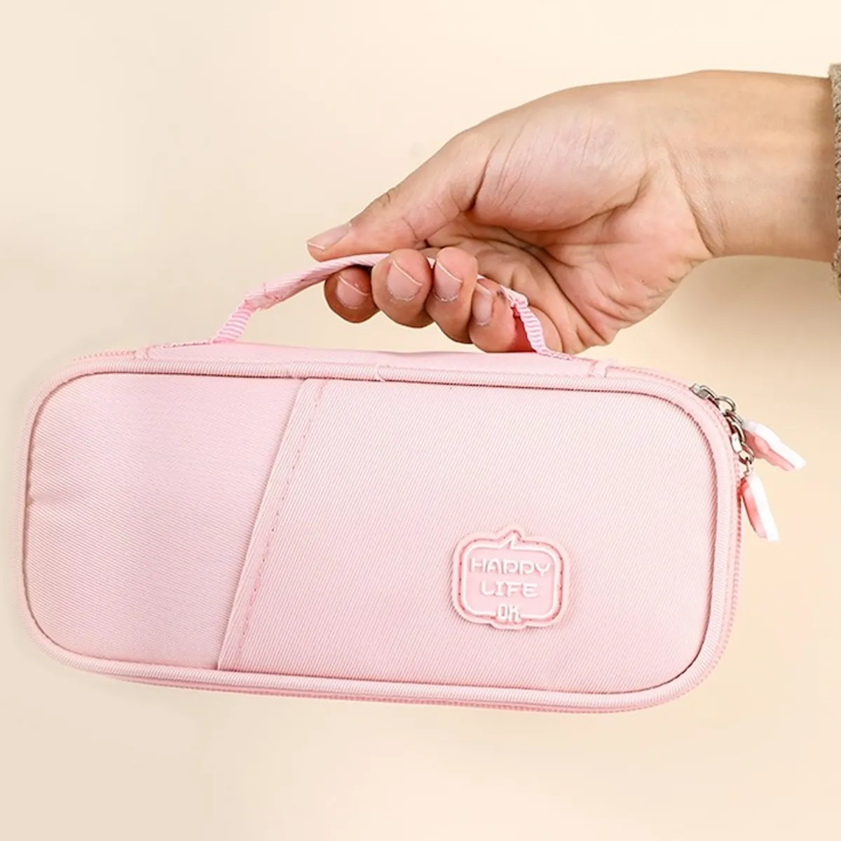 Happy Life Large Capacity Pencil Case With Carry Handle - Pink