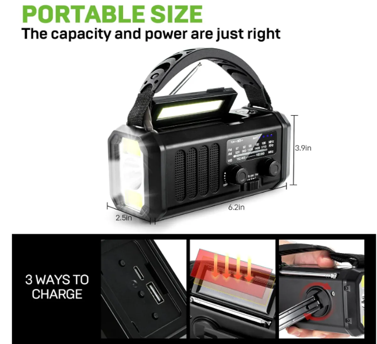 Hand Crank Emergency Radio, NOAA Weather Radio with AM/FM Solar Radio,10000mAh Rechargeable, Black