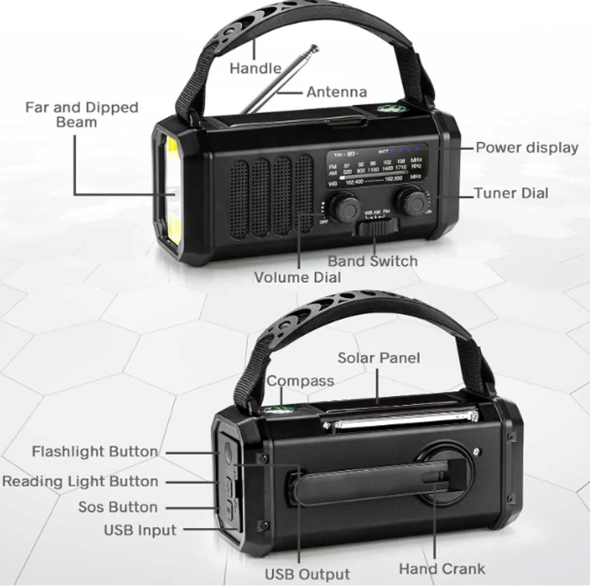 Hand Crank Emergency Radio, NOAA Weather Radio with AM/FM Solar Radio,10000mAh Rechargeable, Black