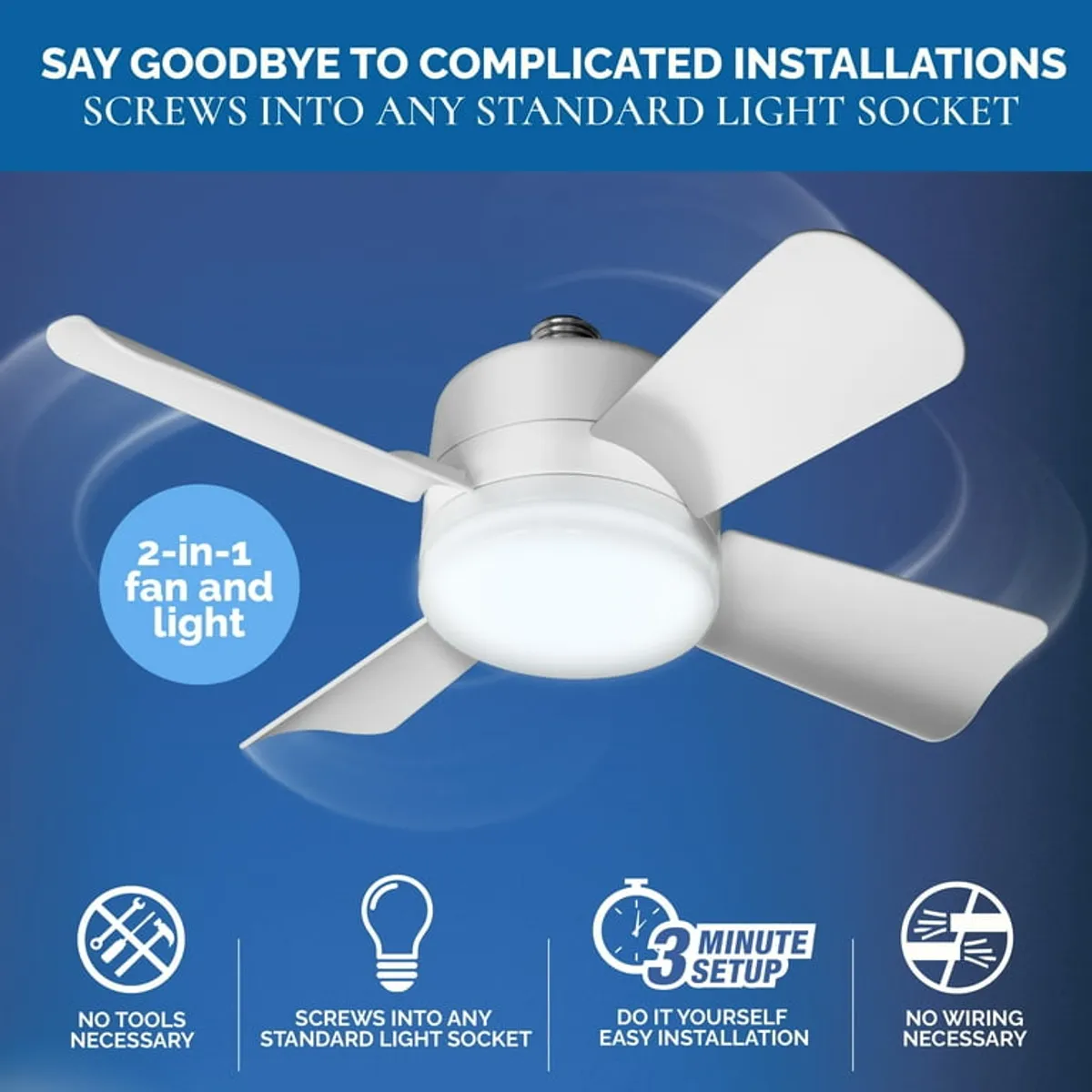 Bell + Howell Socket Breeze Fan Light 4 Blades 1000 Lumens Light 15" Socket Fan Light, White