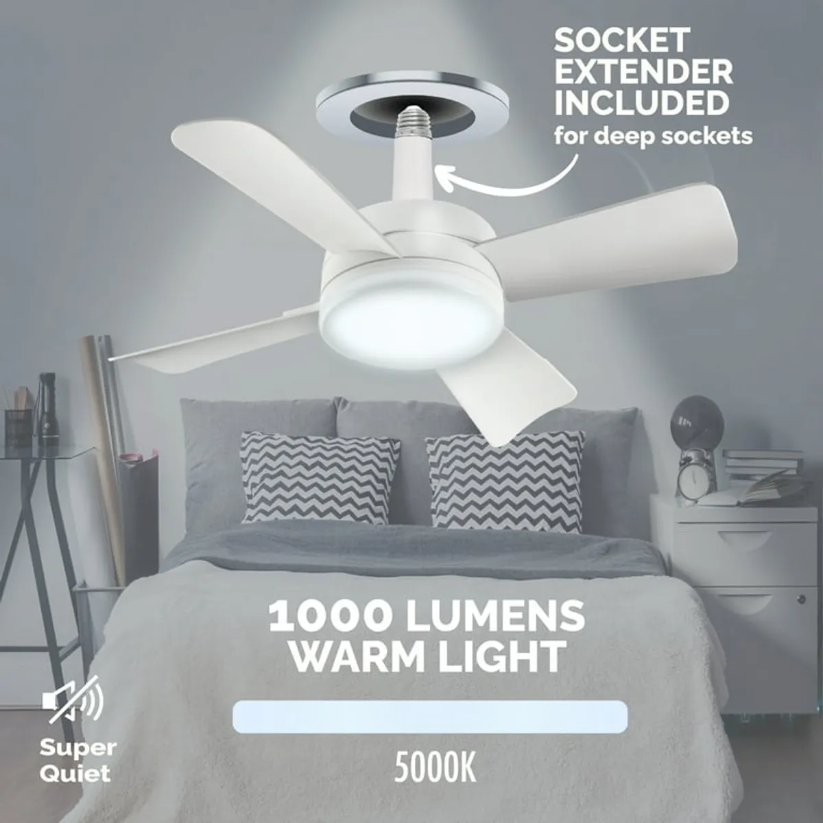 Bell + Howell Socket Breeze Fan Light 4 Blades 1000 Lumens Light 15" Socket Fan Light, White