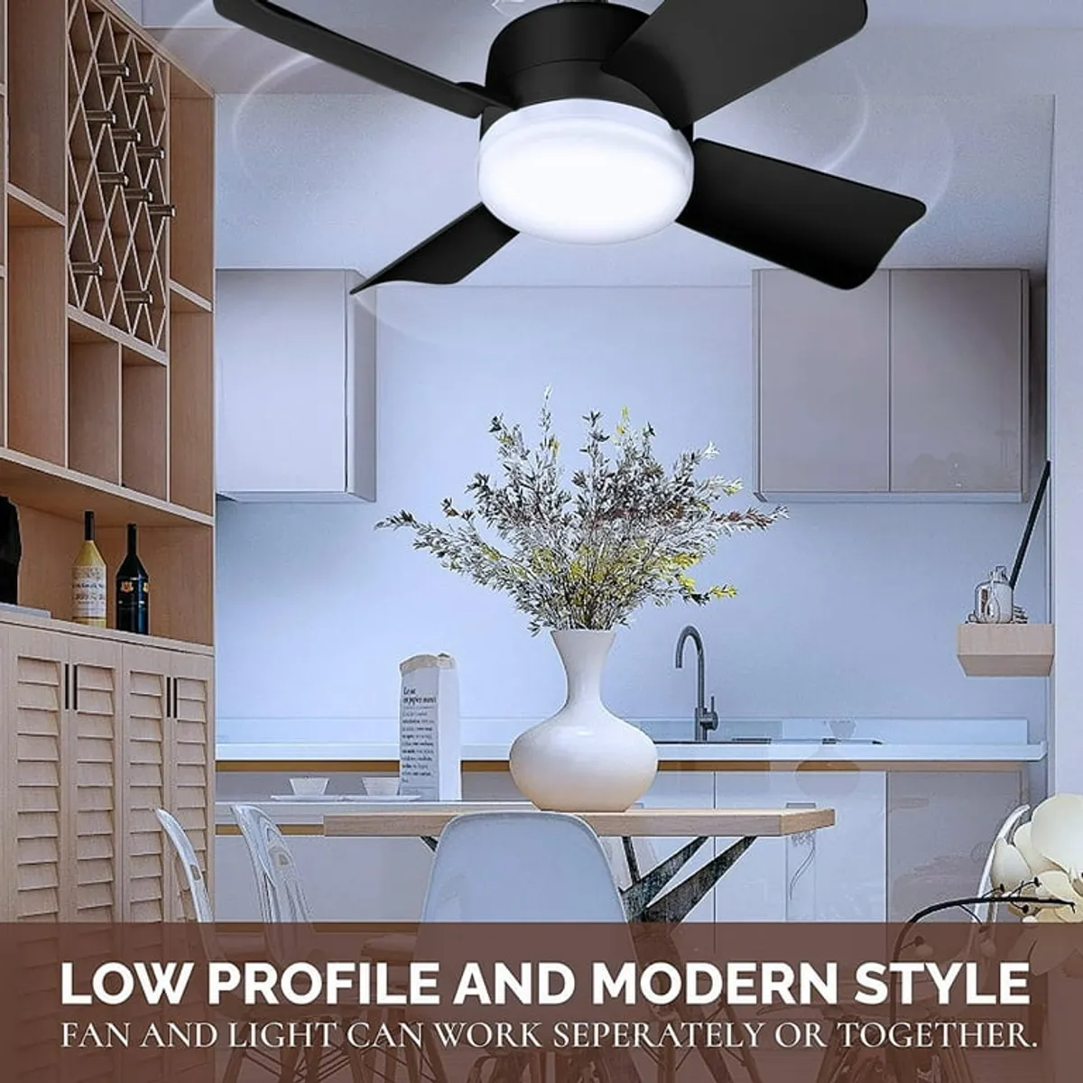 Bell + Howell Socket Breeze Fan Light 4 Blades 1000 Lumens Light 15" Socket Fan Light, Black