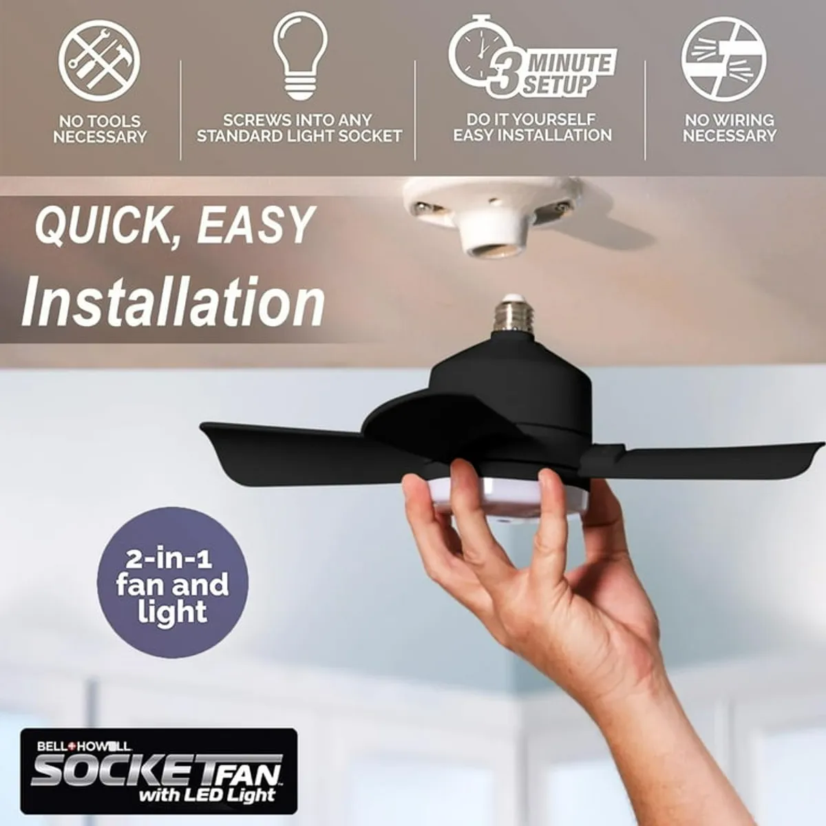 Bell + Howell Socket Breeze Fan Light 4 Blades 1000 Lumens Light 15" Socket Fan Light, Black