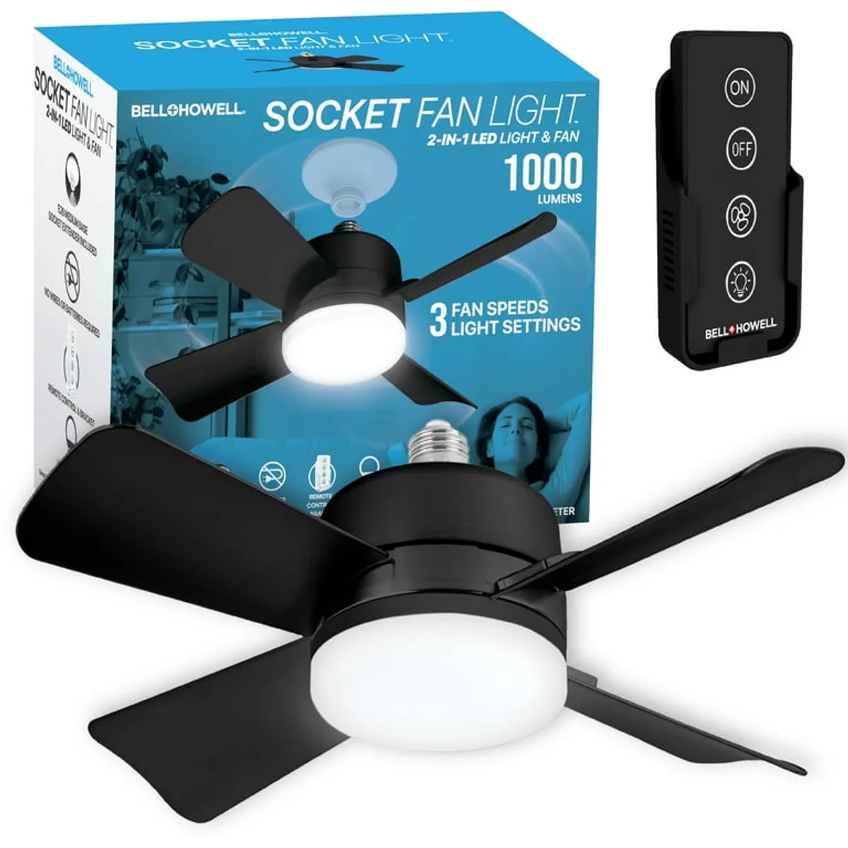 Bell + Howell Socket Breeze Fan Light 4 Blades 1000 Lumens Light 15" Socket Fan Light, Black