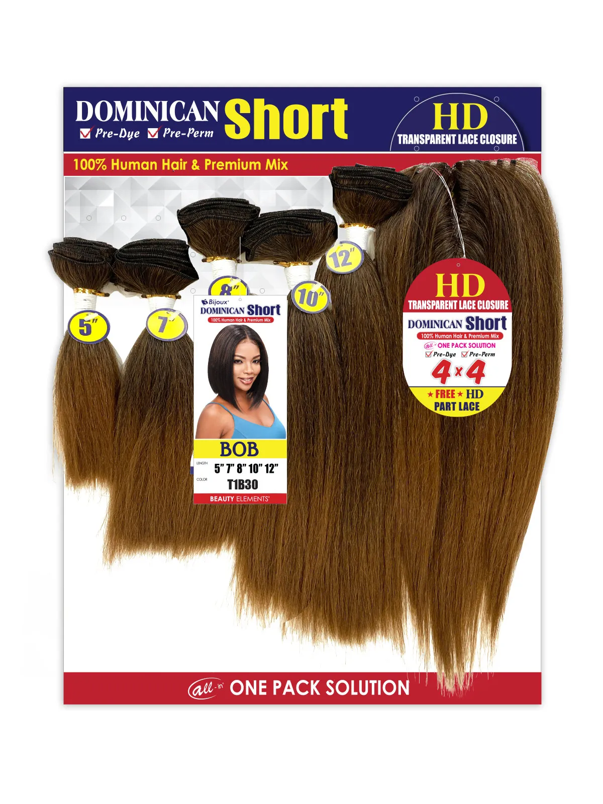 Dominican Short, All in One Pack solution, Bob 5"7"8"10"12" with free 4"x4" HD part lace, T1B27